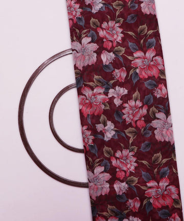 dark maroon and pink floral chanderi digital print fabric
